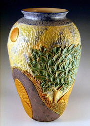 stoneware pottery vase image carved John OBrien
