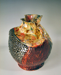 Thrown on potters wheel altered and textured ceramic pottery vase by John OBrien